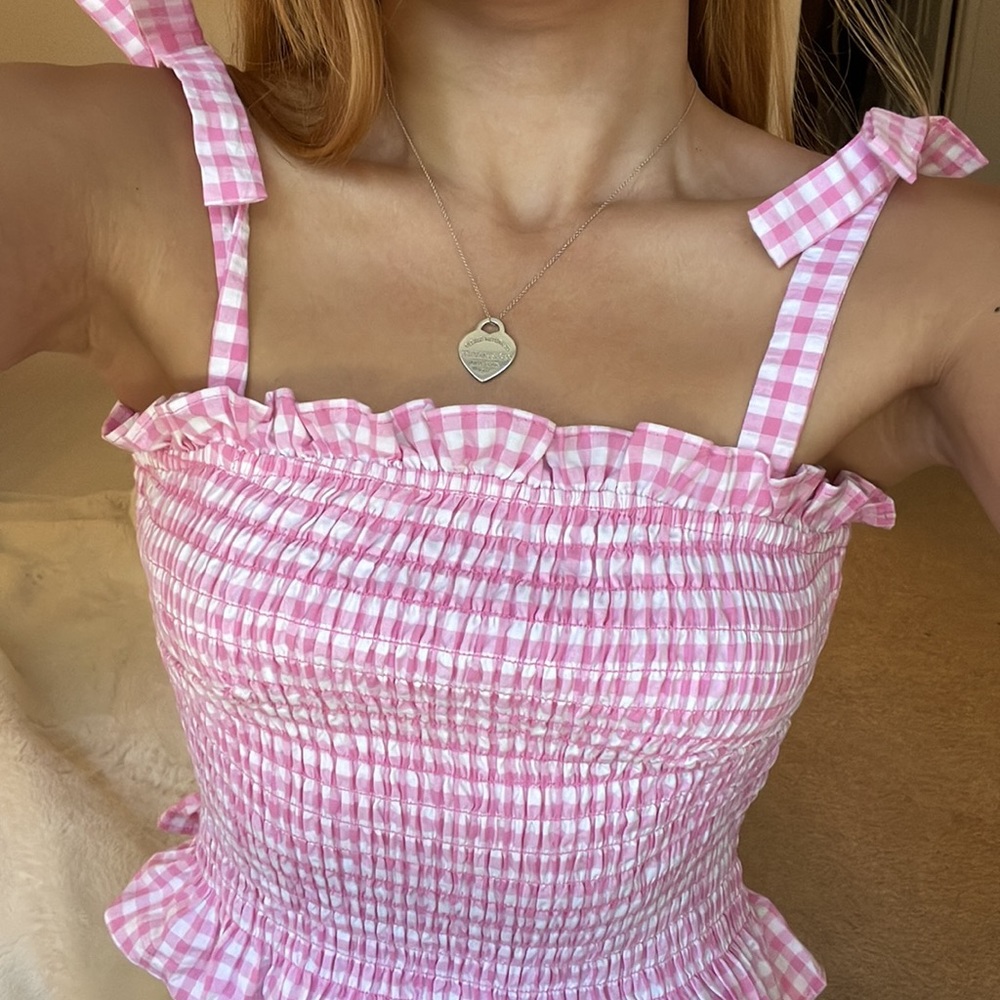 NWOT GUESS Women's Sleeveless Rihana Gingham Tank Top ruffle top with bows in XS - Picture 2 of 9